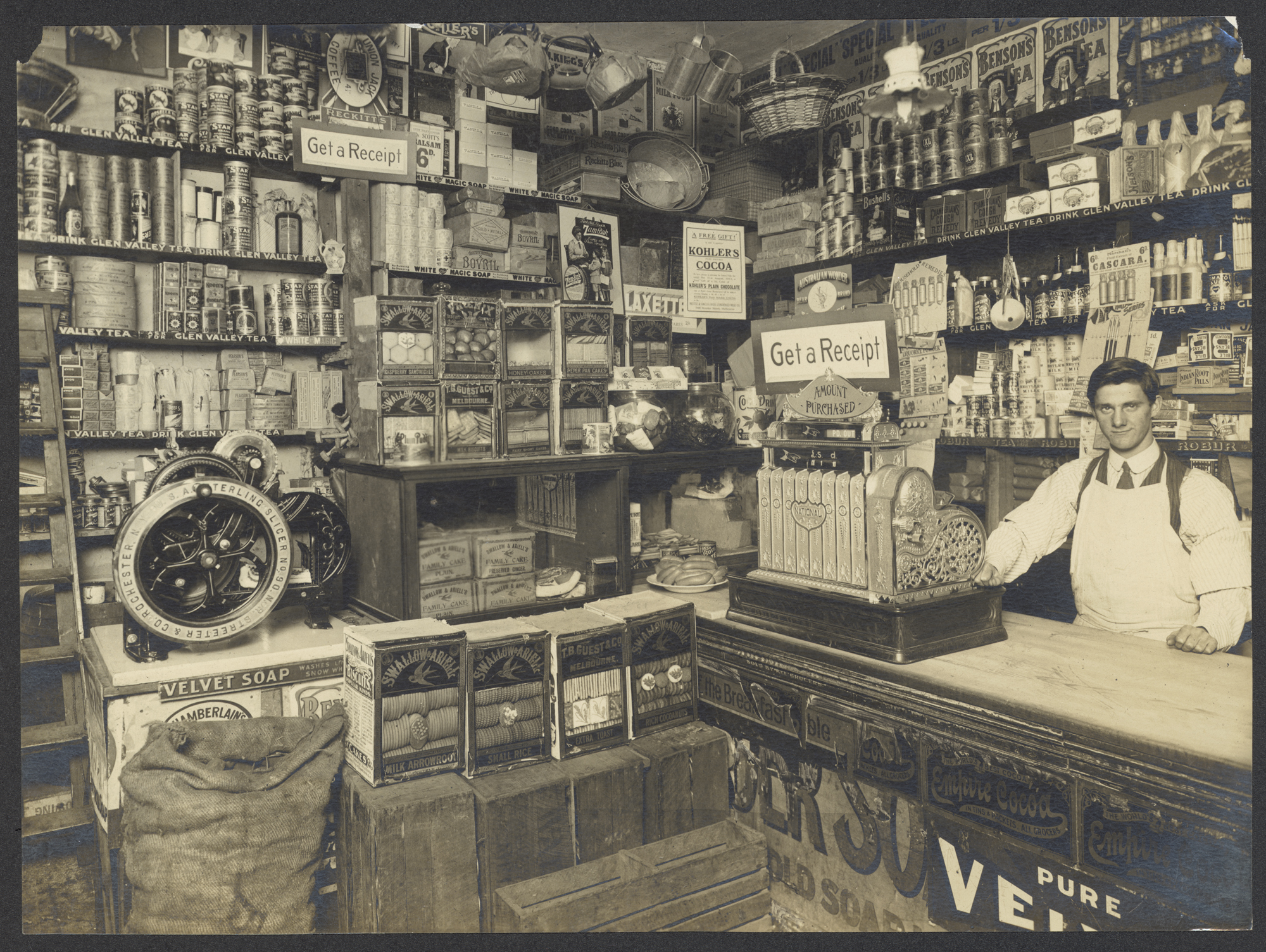 Shop interior, Benjamin Bolton, Family Grocer,  Port Melbourne, about 1913  photograph by Algernon Darge  State Library of Victoria