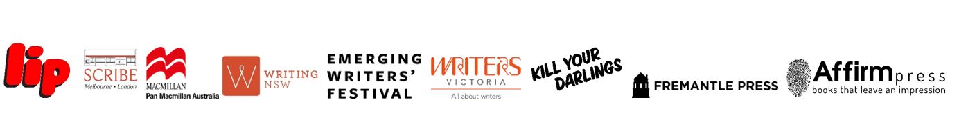 The sponsors and supporters of the 2020 Rachel Funari Prize for Fiction (L-R: Lip, Scribe Publications, Pan Macmillan Australia, Writing NSW, Emerging Writers’ Festival, Writers Victoria, Kill Your Darlings, Fremantle Press, Affirm Press)